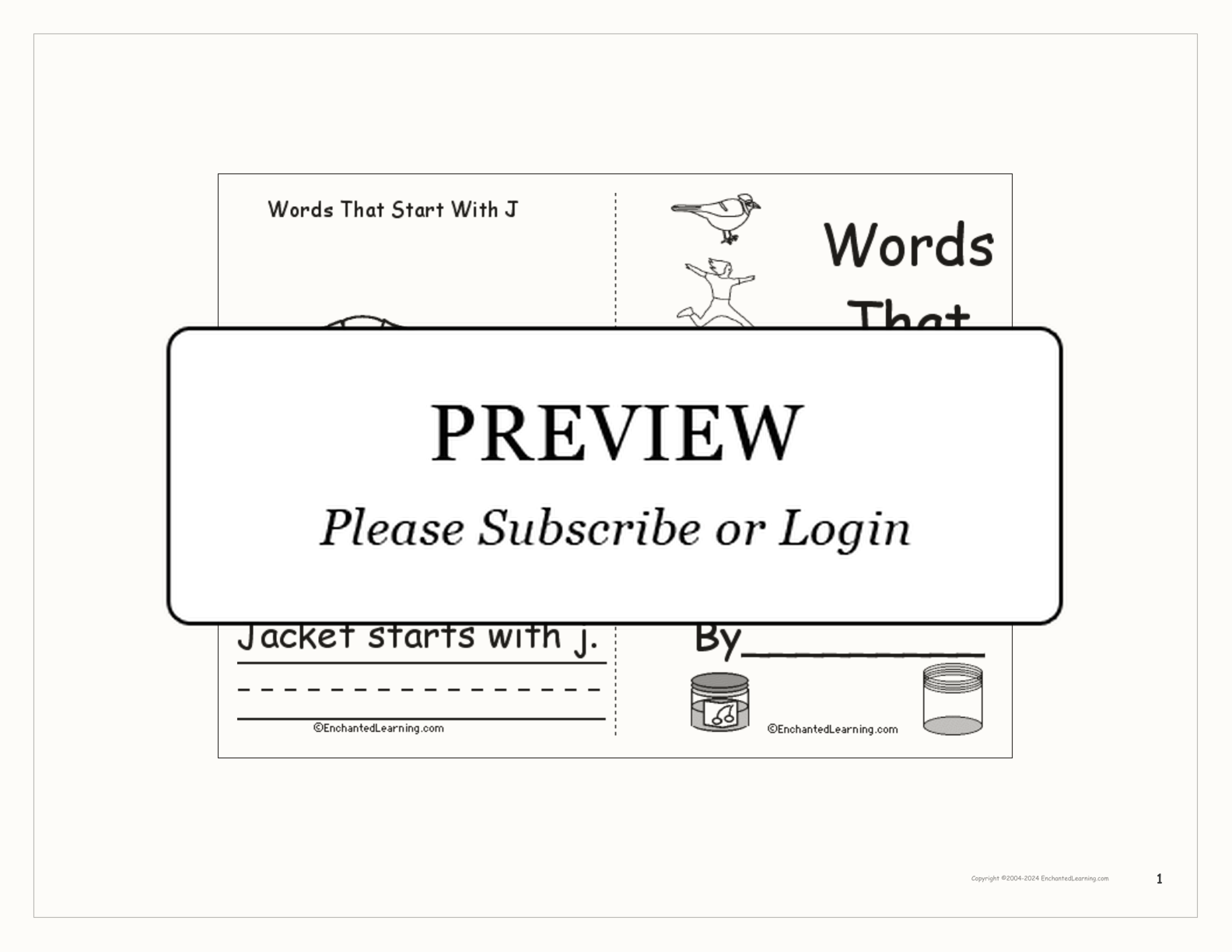 Words That Start With J: A Printable Book interactive printout page 1
