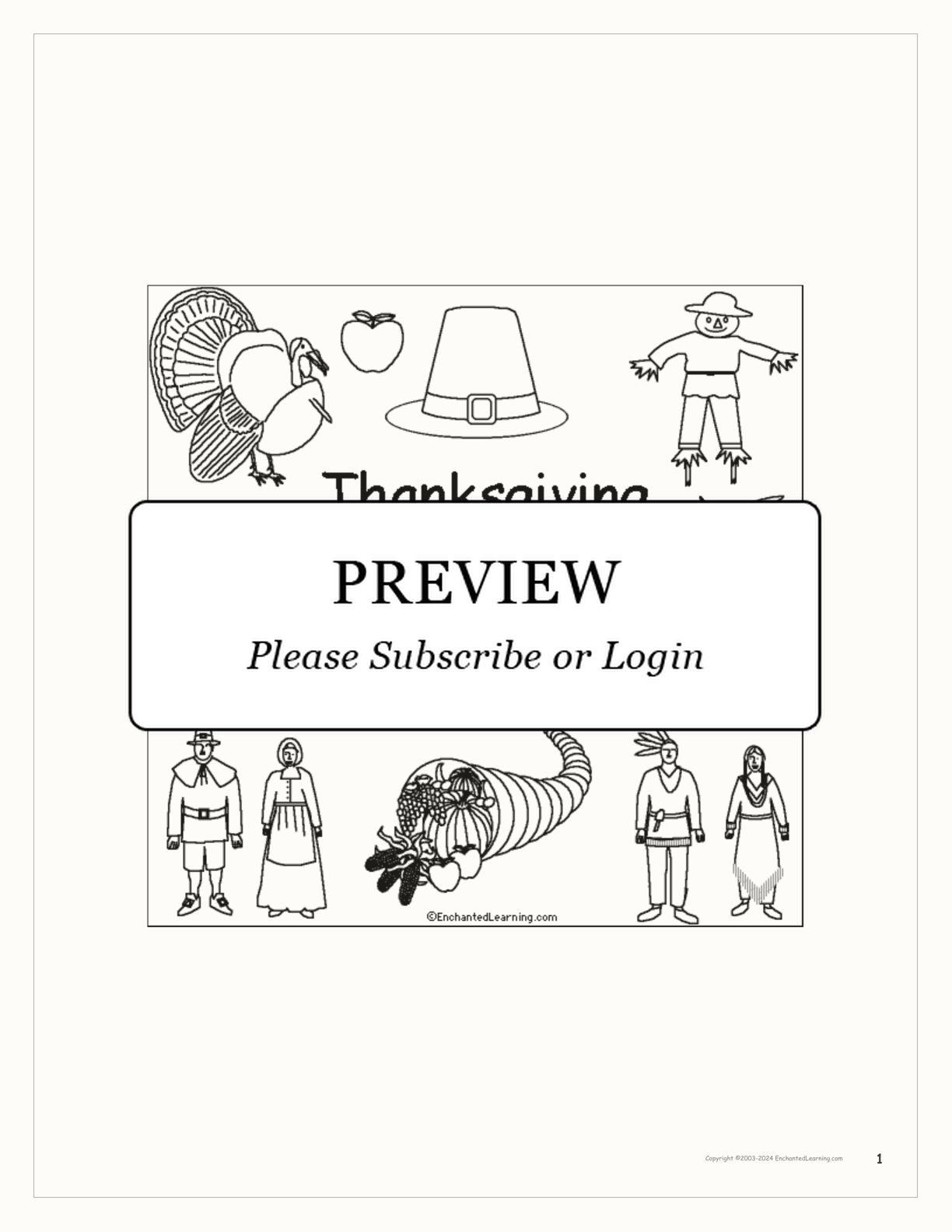 Thanksgiving Early Reader Book interactive printout page 1