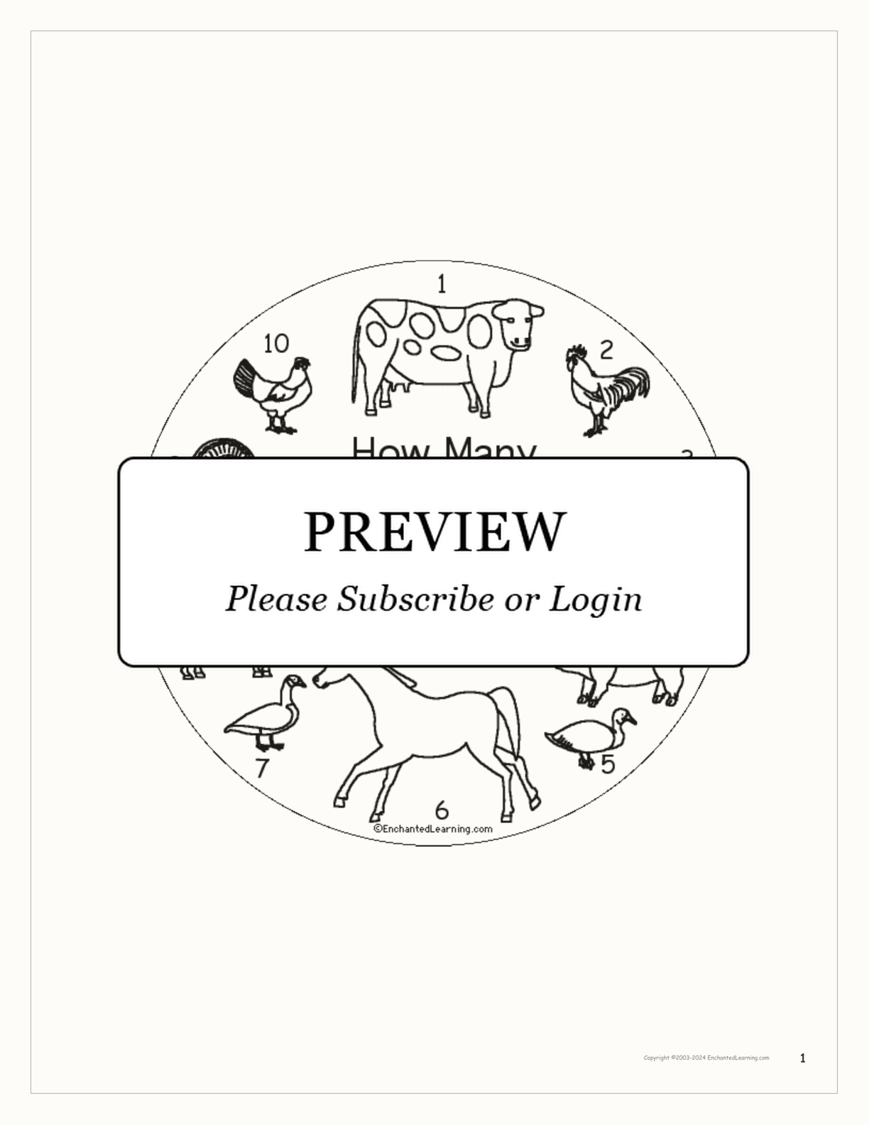 How Many Farm Animals? Book for Early Readers interactive printout page 1