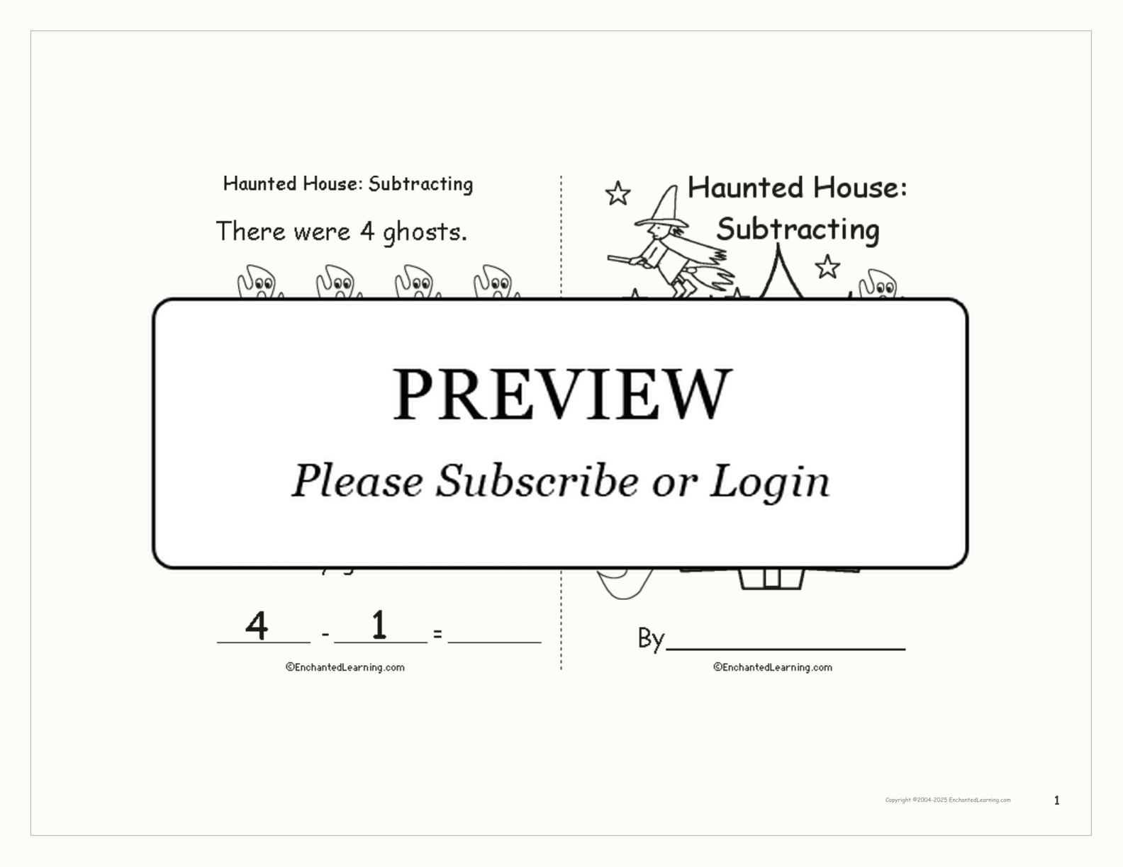 Haunted House: Subtracting interactive printout page 1