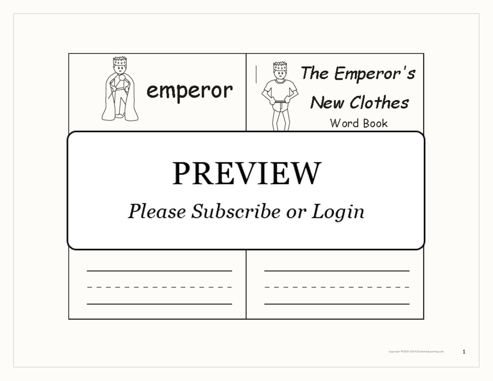 'The Emperor's New Clothes' Word Book interactive printout page 1