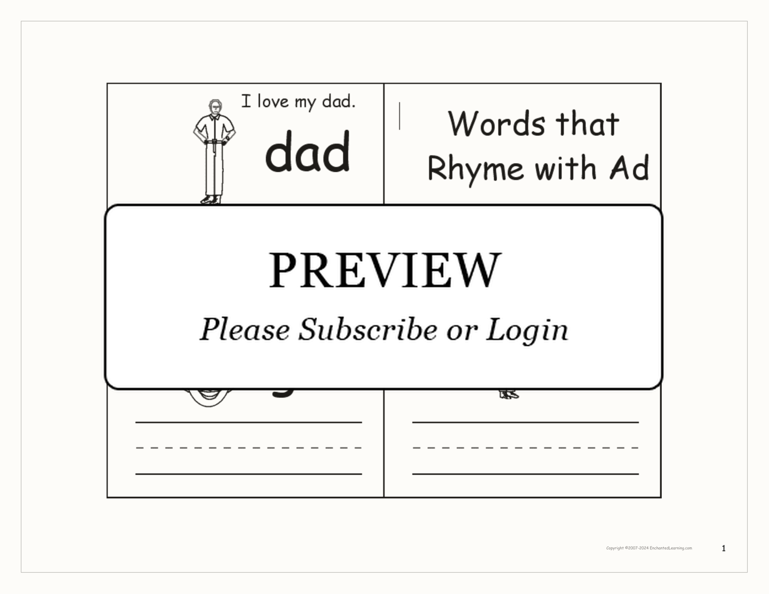 'Words that Rhyme with Ad' Book interactive printout page 1