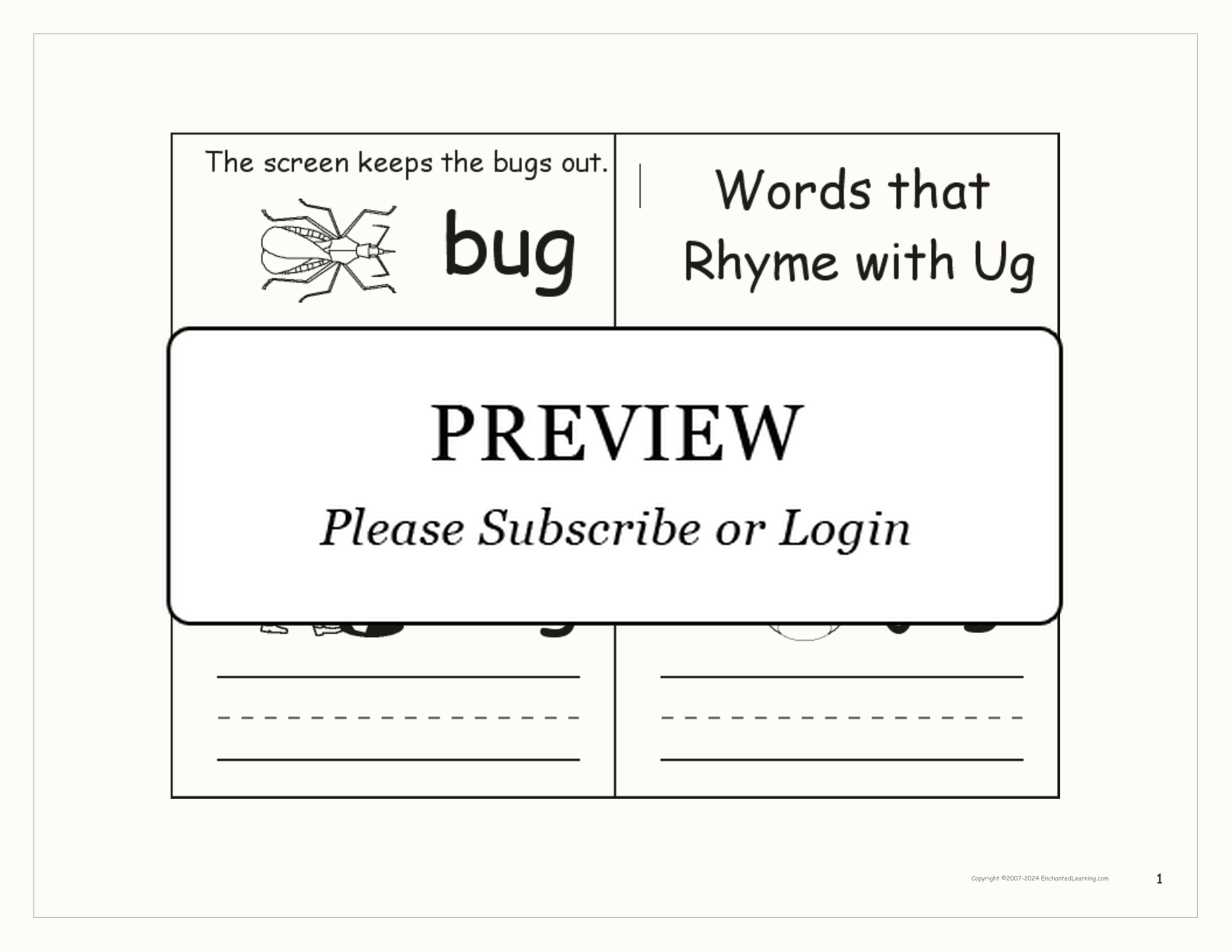 Words that Rhyme with 'ug' — Printable Book interactive printout page 1