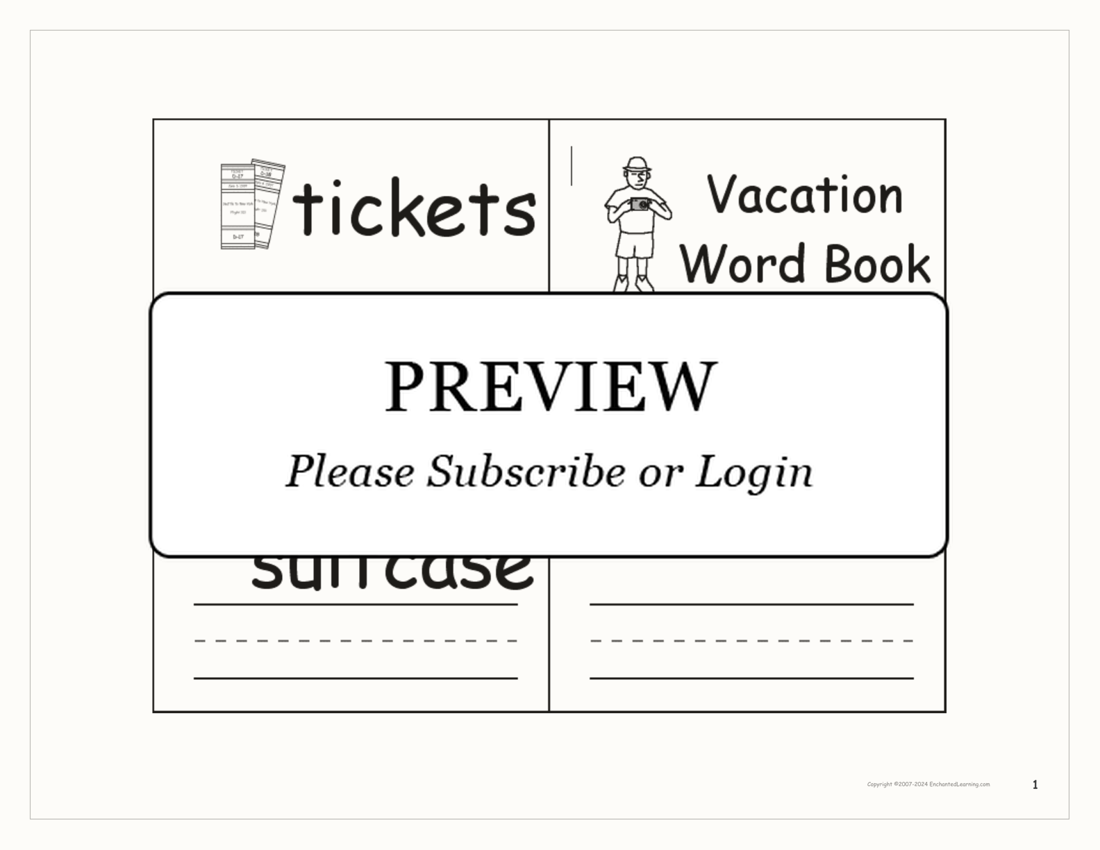 Vacation Word Book interactive printout page 1