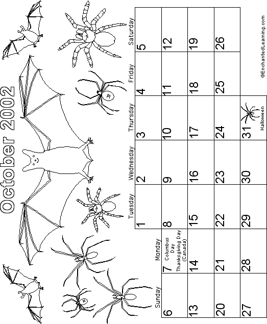 October Calendar 2002 Holidays: EnchantedLearning com