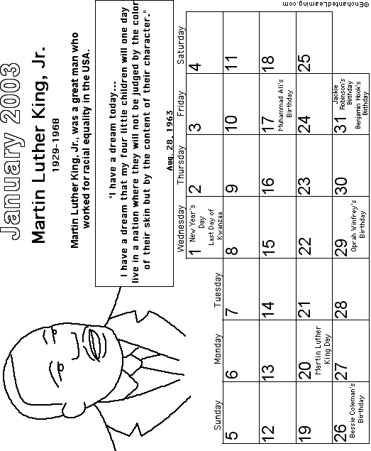 January Calendar 2003 Black History: EnchantedLearning com