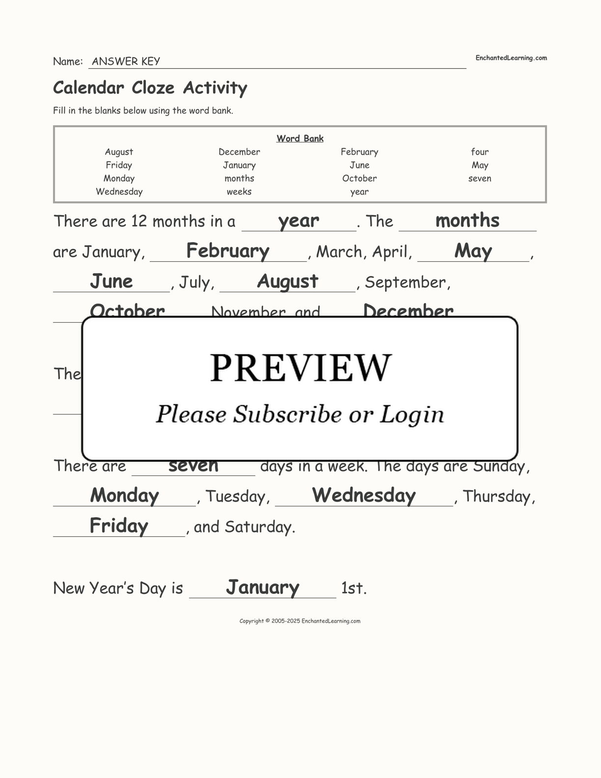 Calendar Cloze Activity interactive worksheet page 2