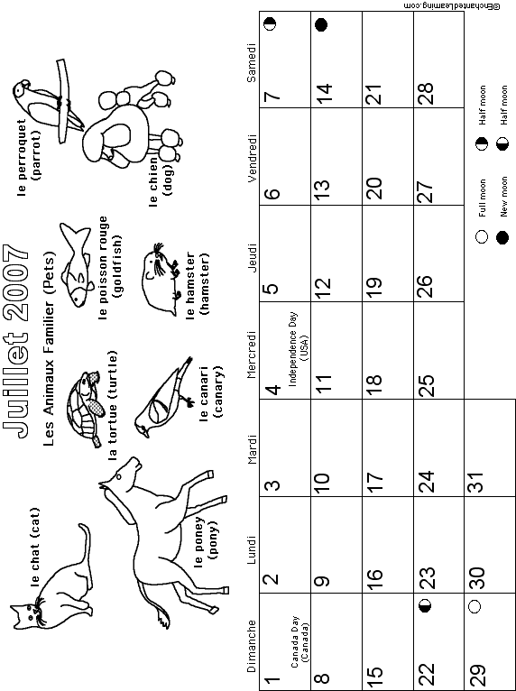 July French Calendar 2007 (US Layout): EnchantedLearning com