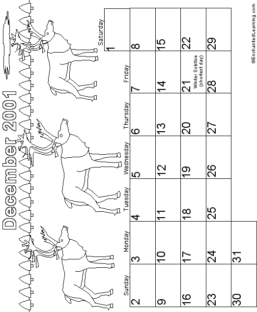 December Calendar 2001 Holidays: EnchantedLearning com