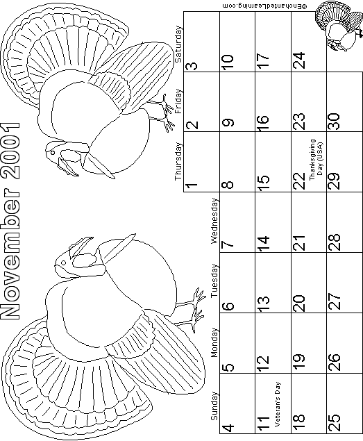 November Calendar 2001 Holidays: EnchantedLearning com