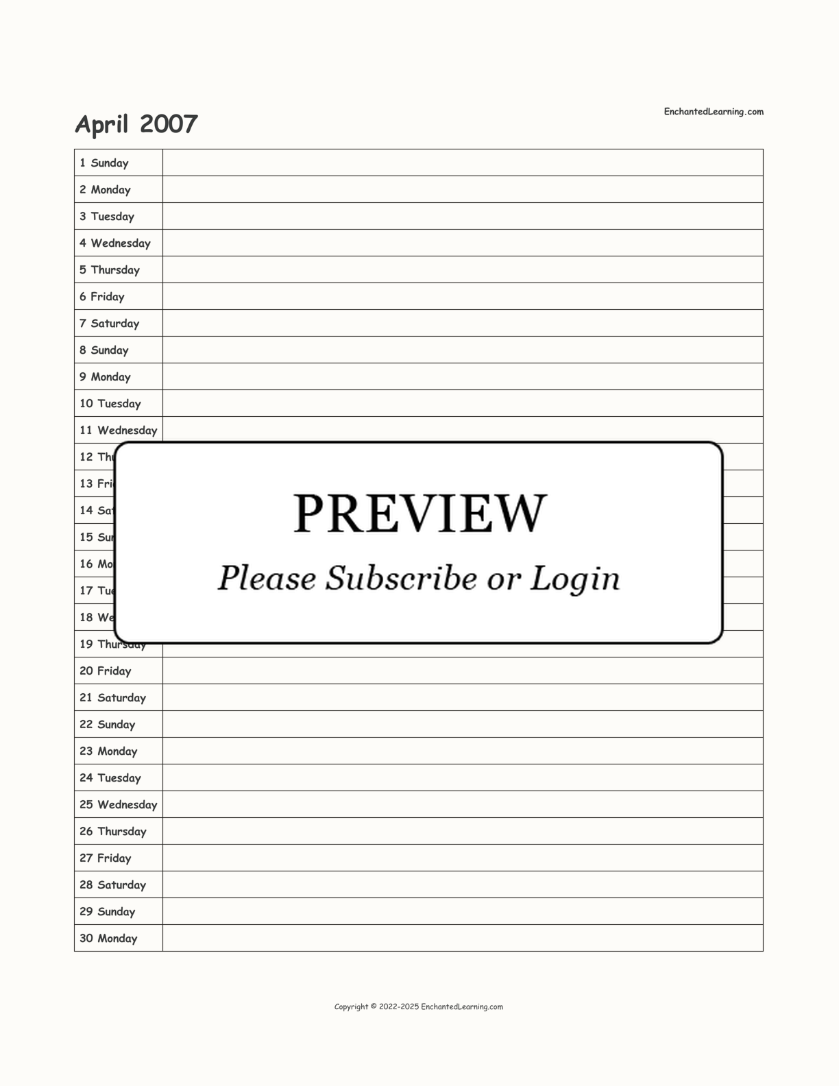 2007 Scheduling Calendar interactive printout page 4