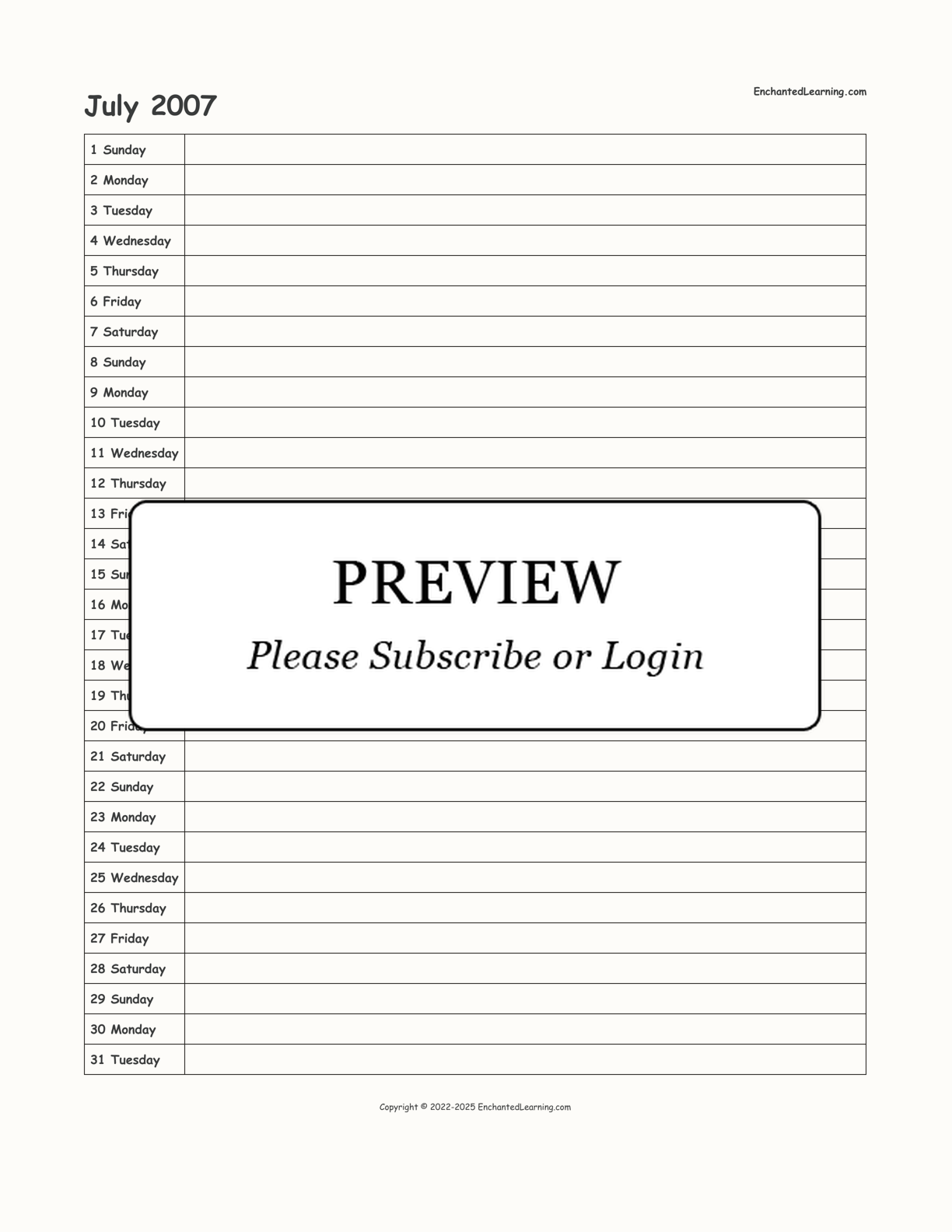 July 2007 Calendar interactive printout page 1