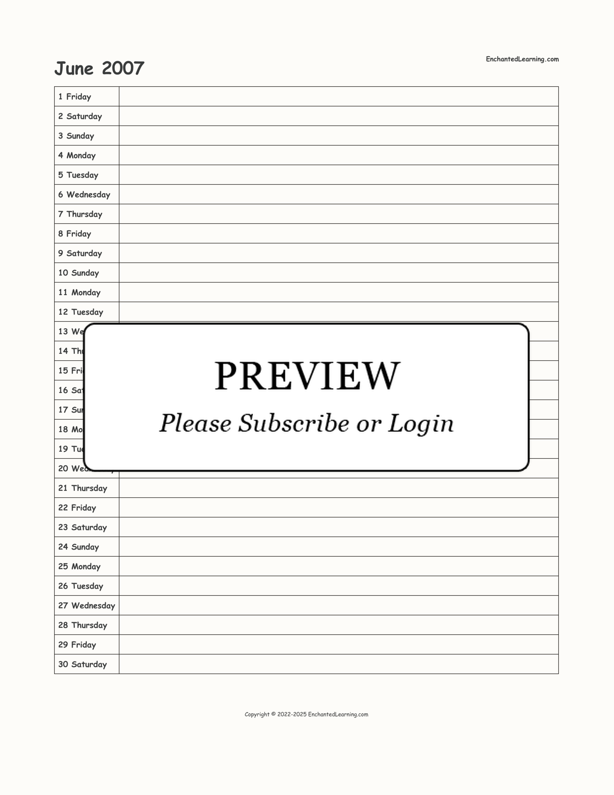 June 2007 Calendar interactive printout page 1