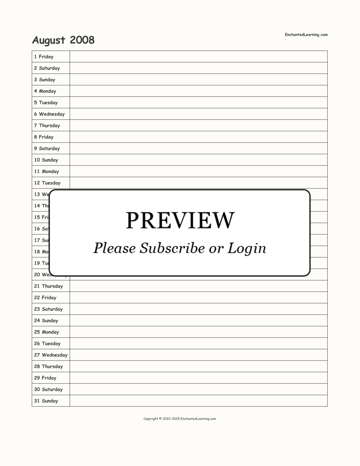 August 2008 Calendar interactive printout page 1