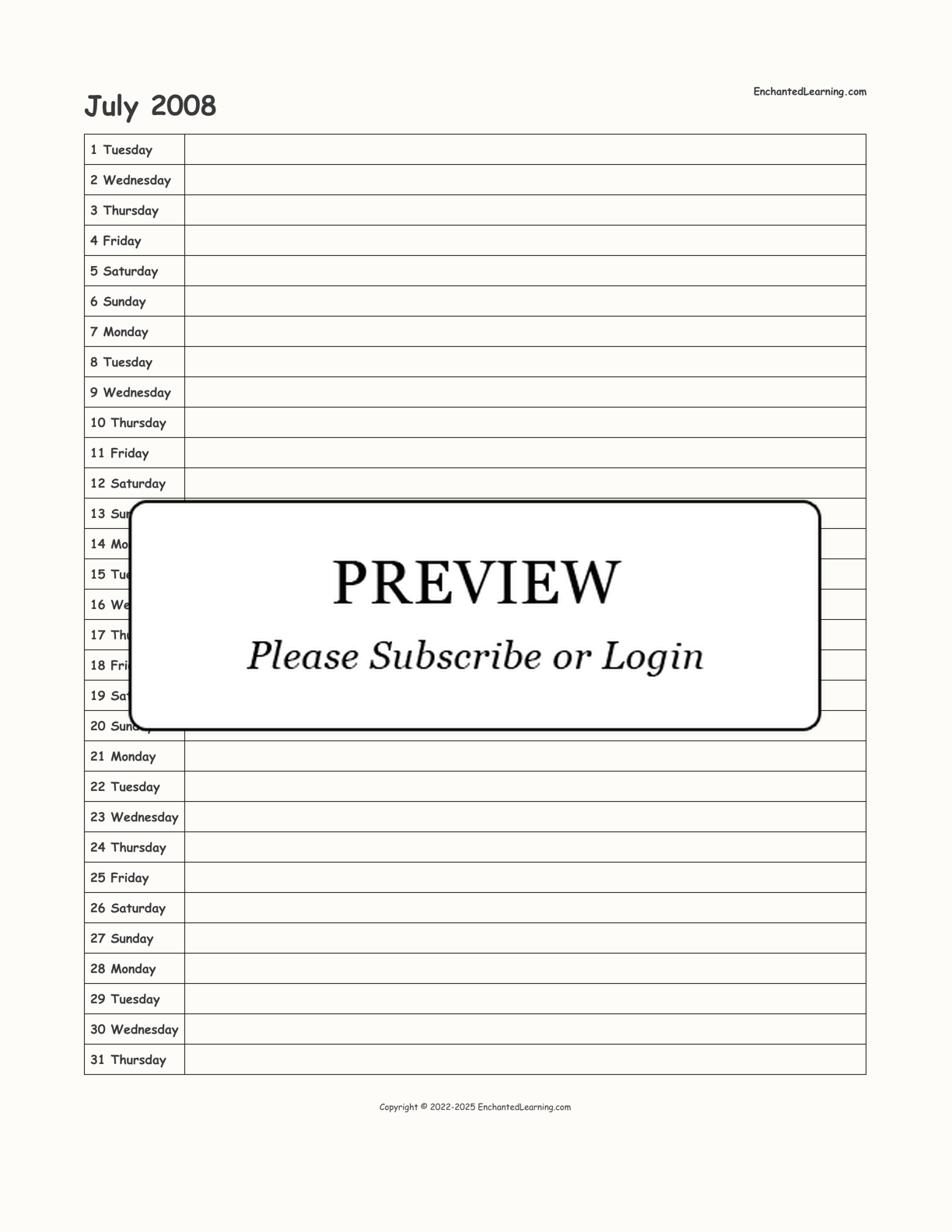 July 2008 Calendar interactive printout page 1