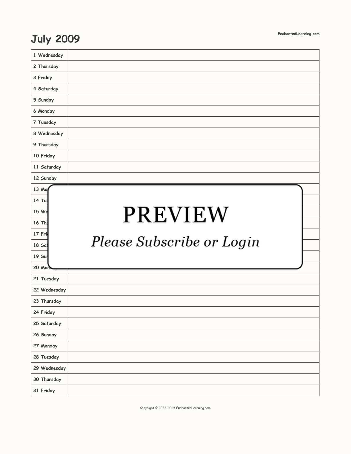 July 2009 Calendar interactive printout page 1