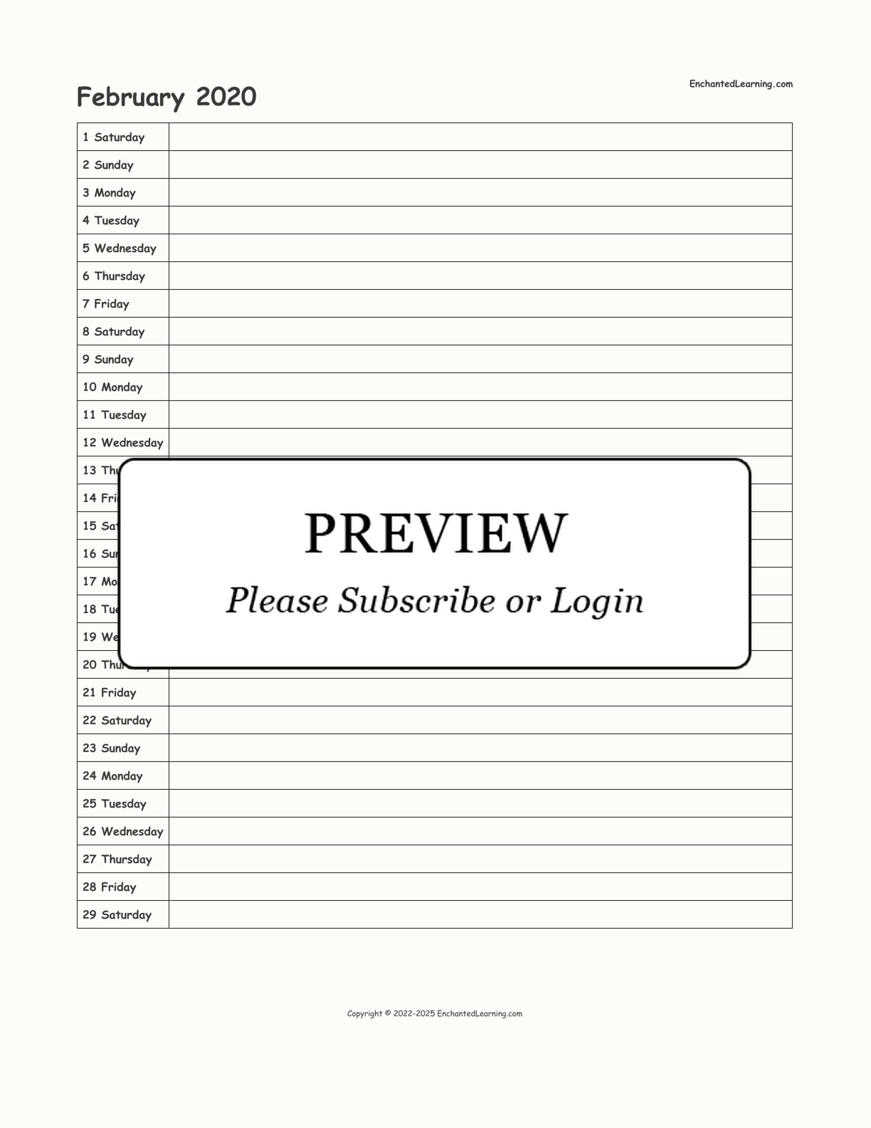 February 2020 Calendar interactive printout page 1