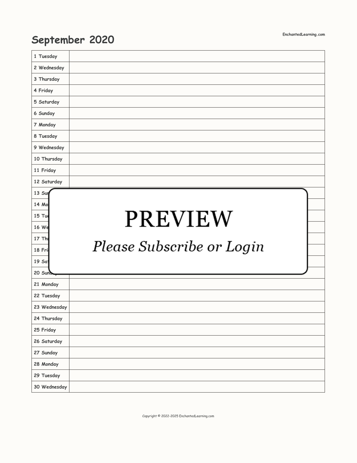 September 2020 Calendar interactive printout page 1