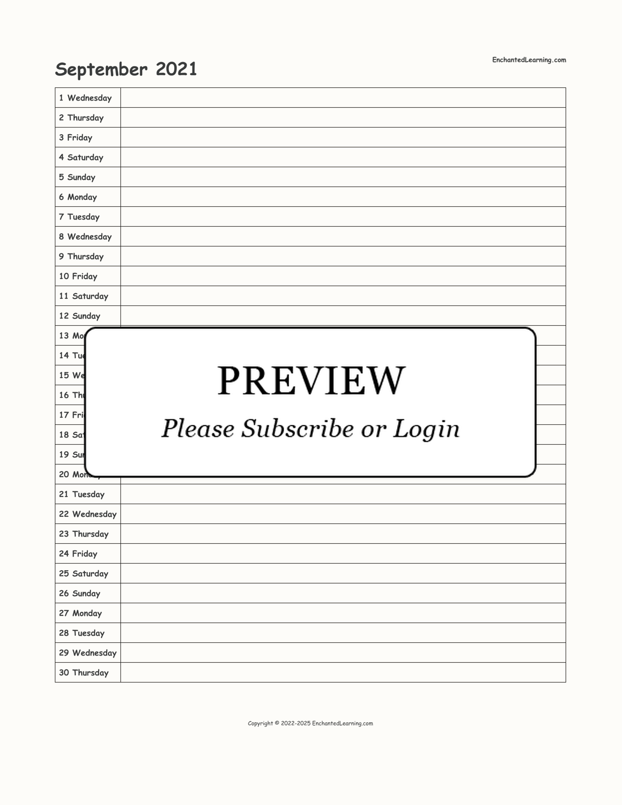 September 2021 Calendar interactive printout page 1