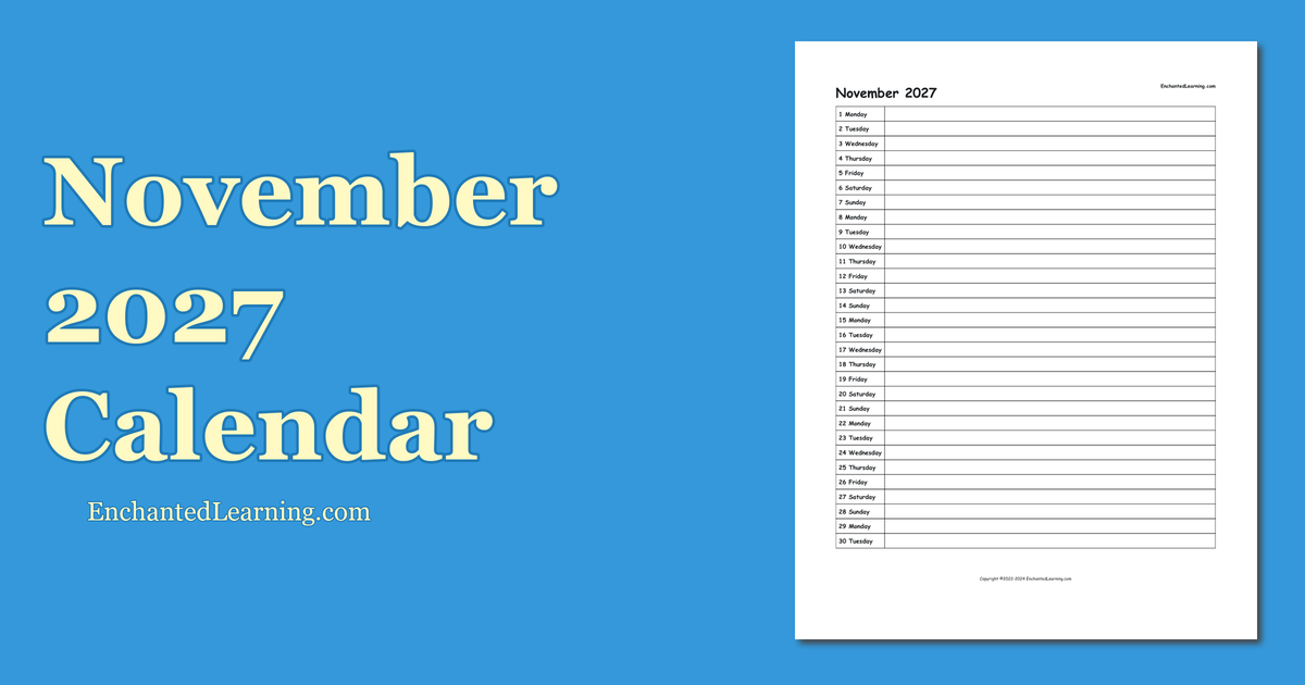 November 2027 Scheduling Calendar Enchanted Learning