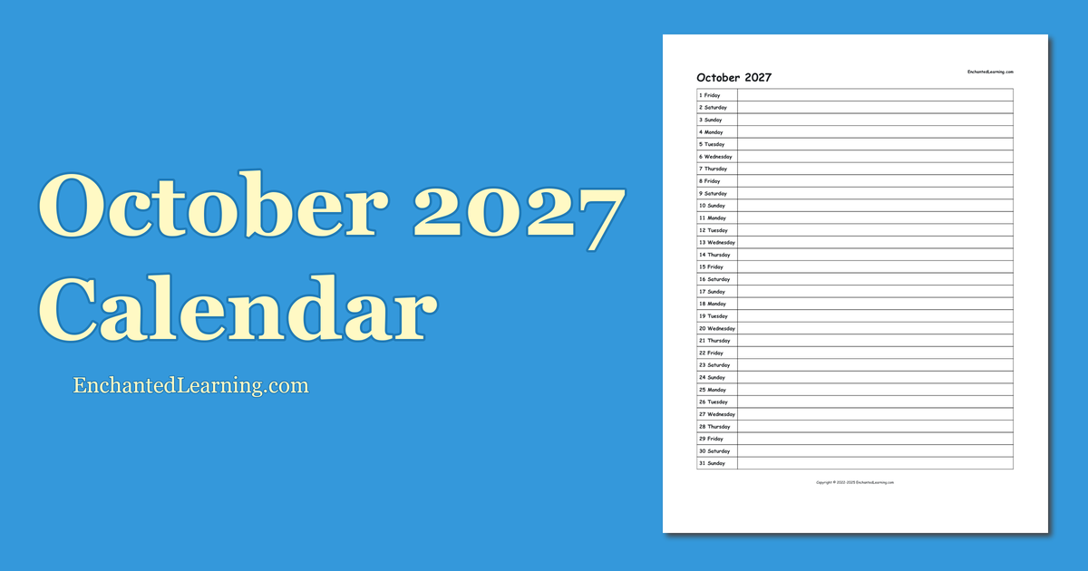 October 2027 Scheduling Calendar Enchanted Learning