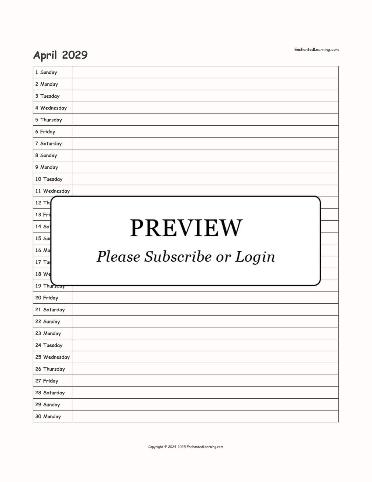 2029 Scheduling Calendar interactive printout page 4