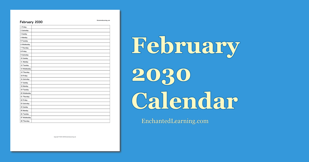 February 2030 Scheduling Calendar Enchanted Learning