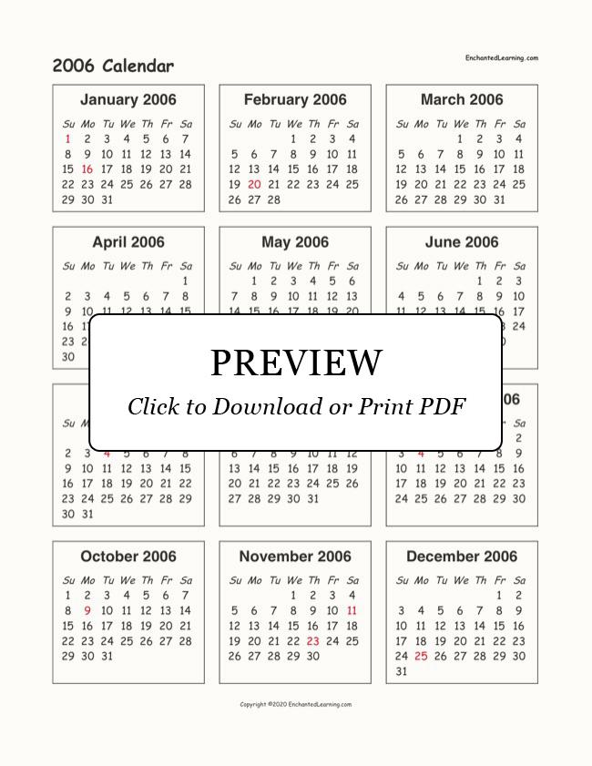Yearly 2006 Printable Calendar Color Weekday Starts Sunday