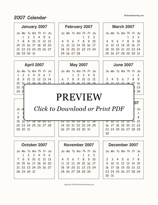 2007 One-Page Calendar - Enchanted Learning