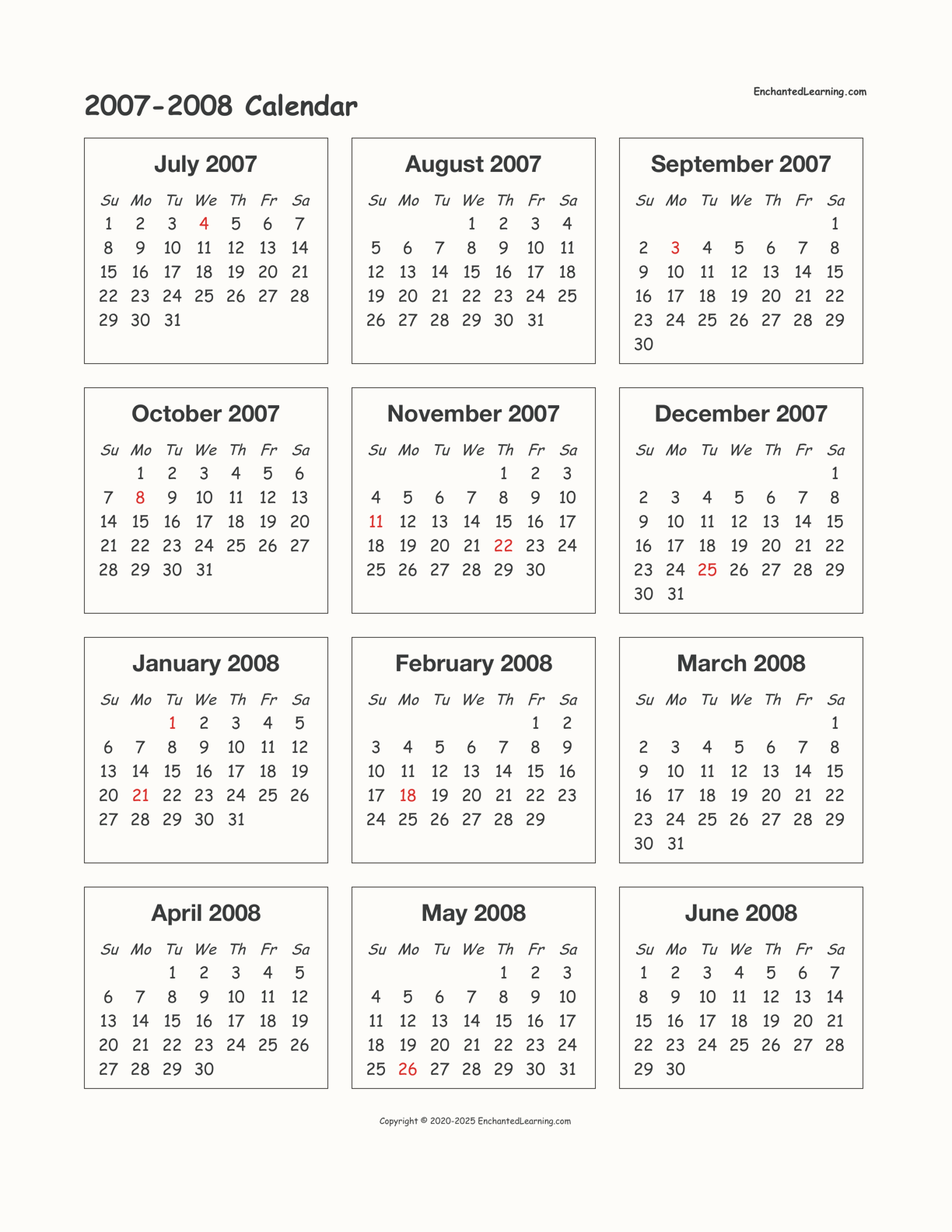 2007-2008 School-Year One-Page Calendar - Enchanted Learning