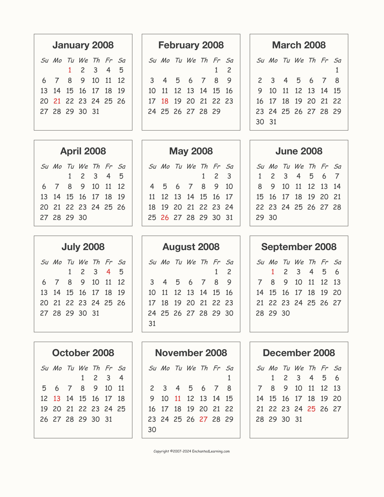 2008 Calendar Printable PDF