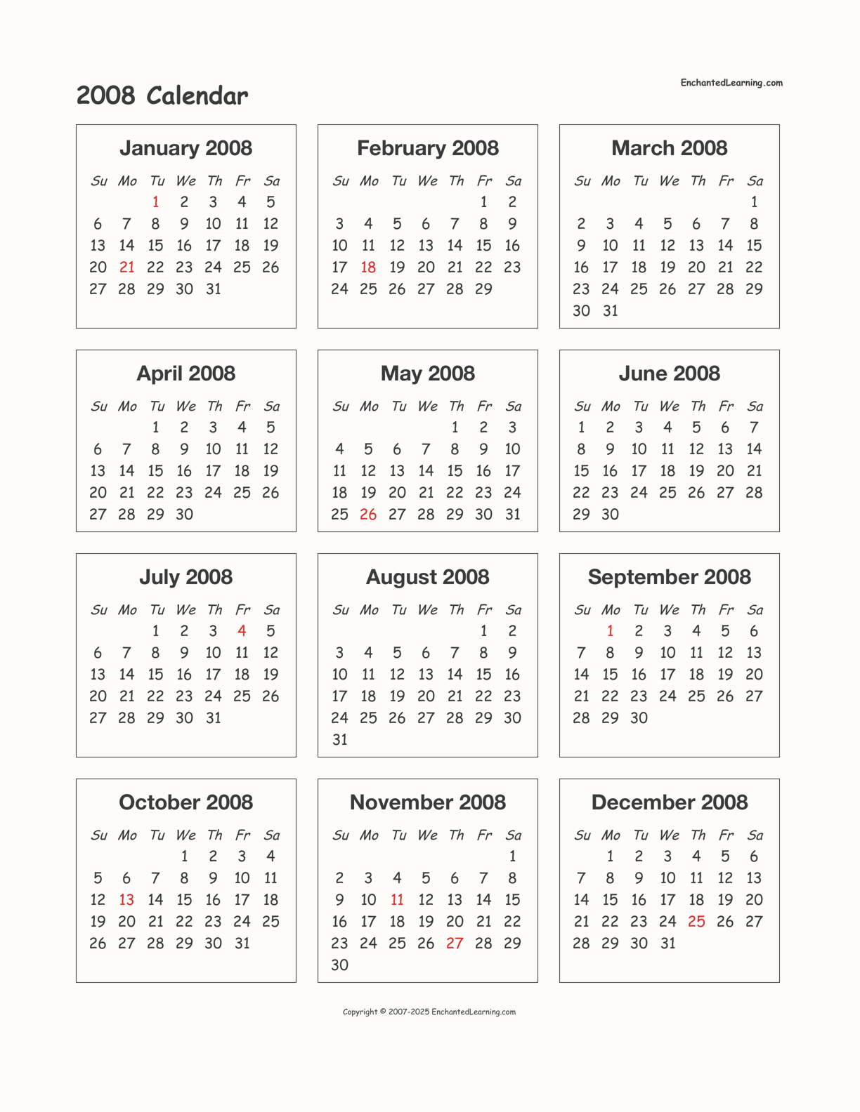 2008 Calendar Printable PDF