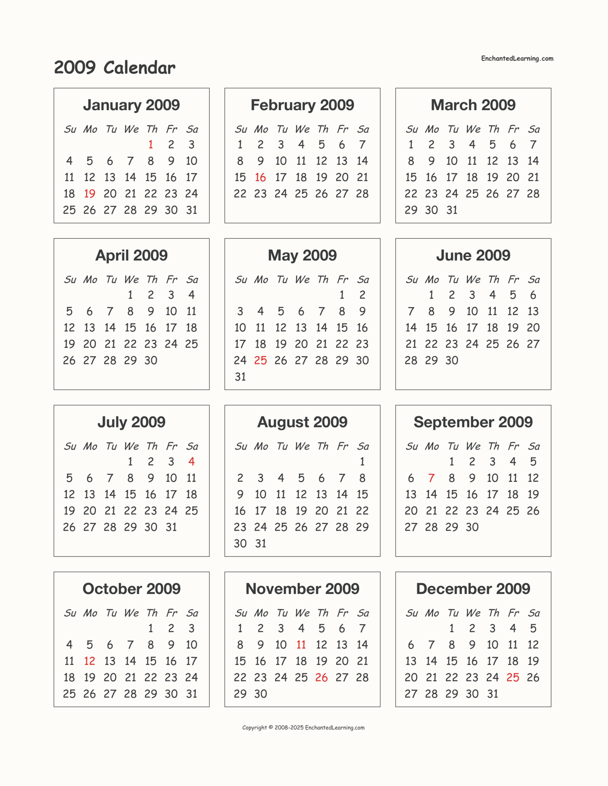 2009 Calendar interactive printout page 1