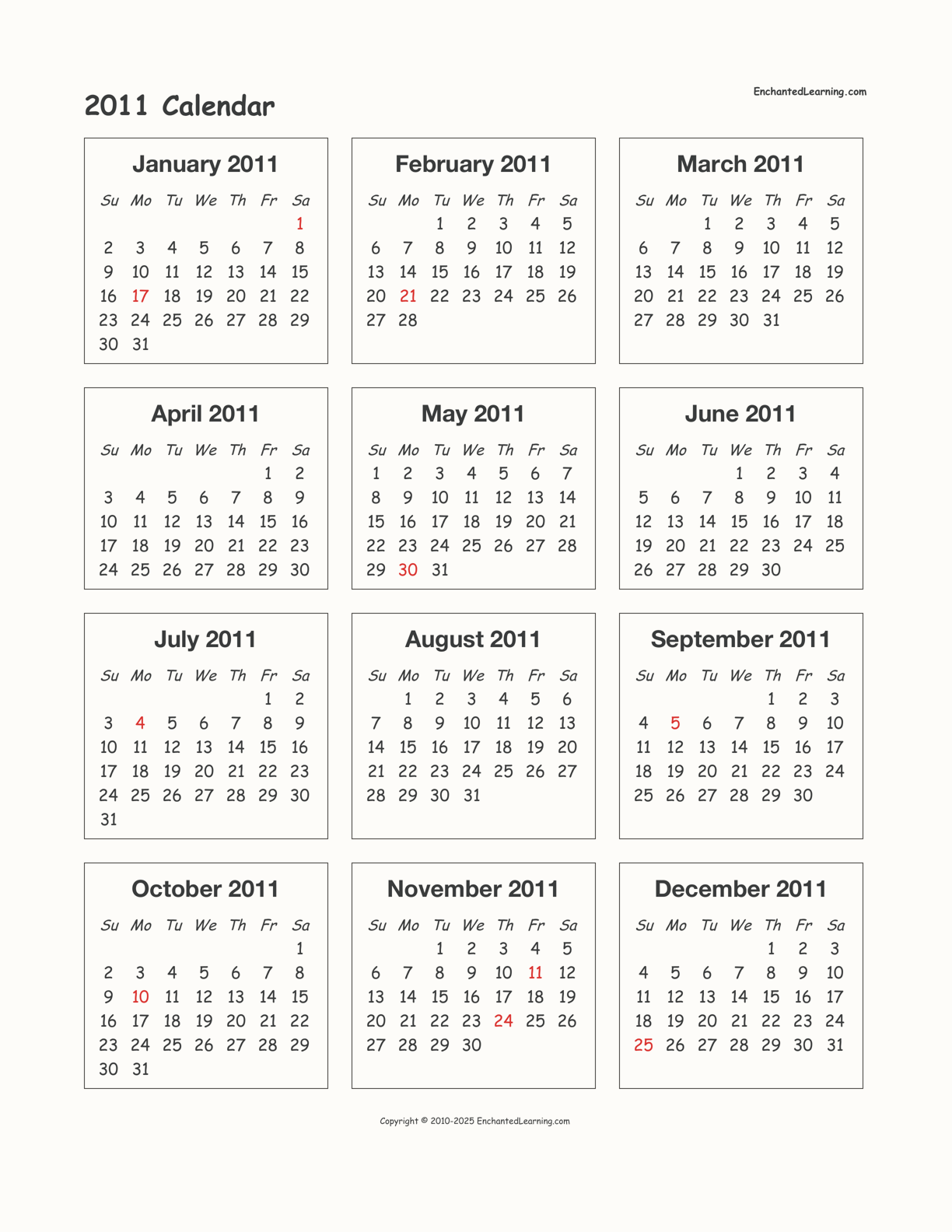 2011 Calendar interactive printout page 1