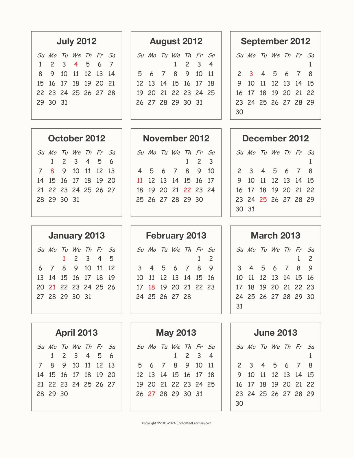 2012-2013 Calendar interactive printout page 1