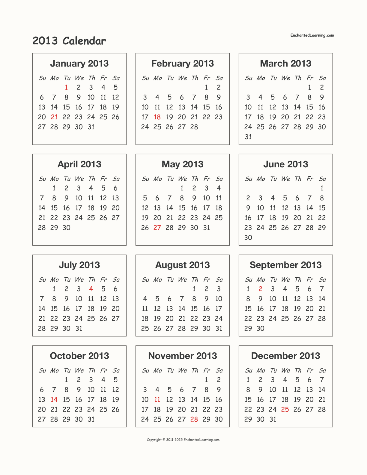 2013 Calendar interactive printout page 1