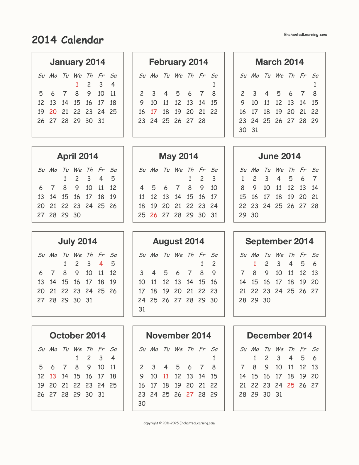 2014 Calendar interactive printout page 1