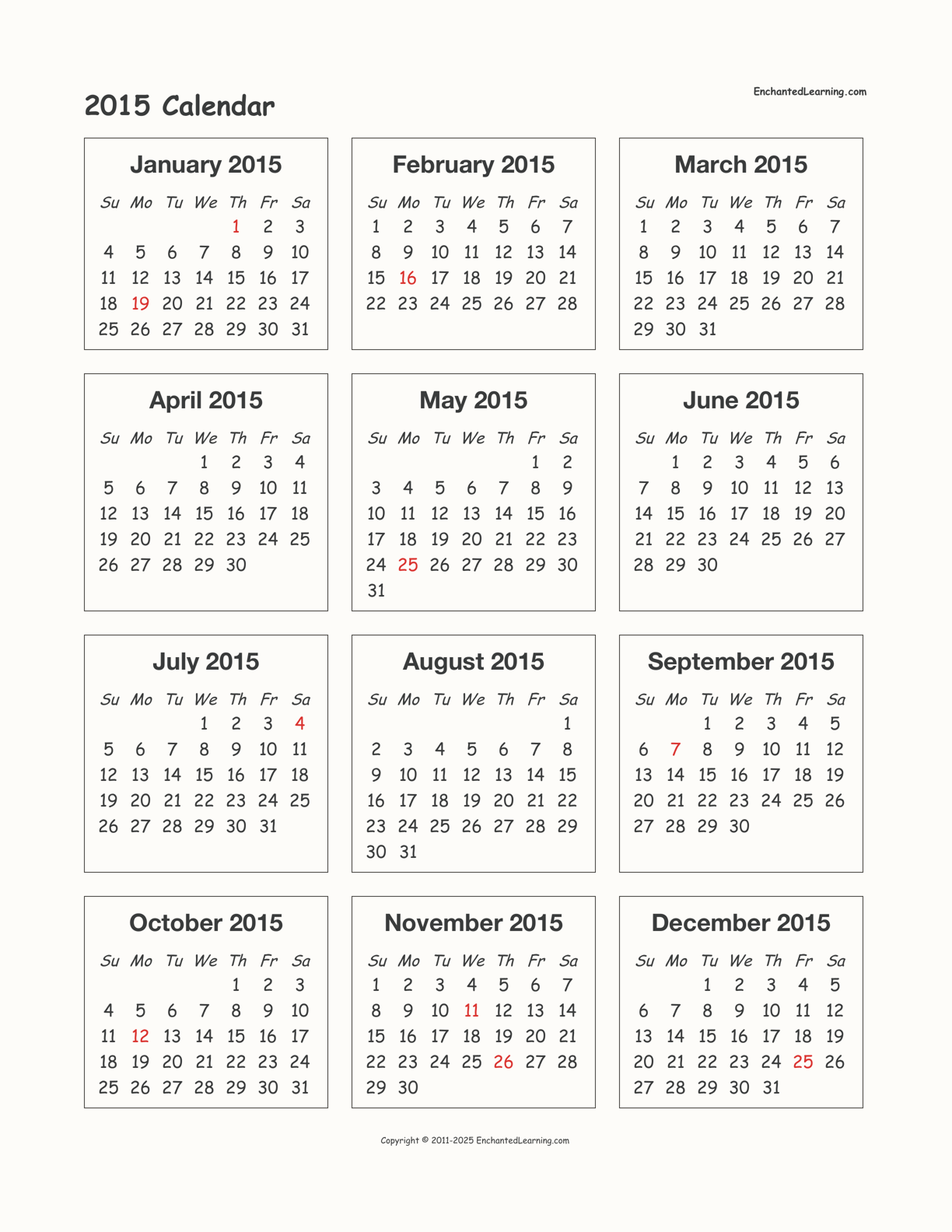 2015 Calendar interactive printout page 1