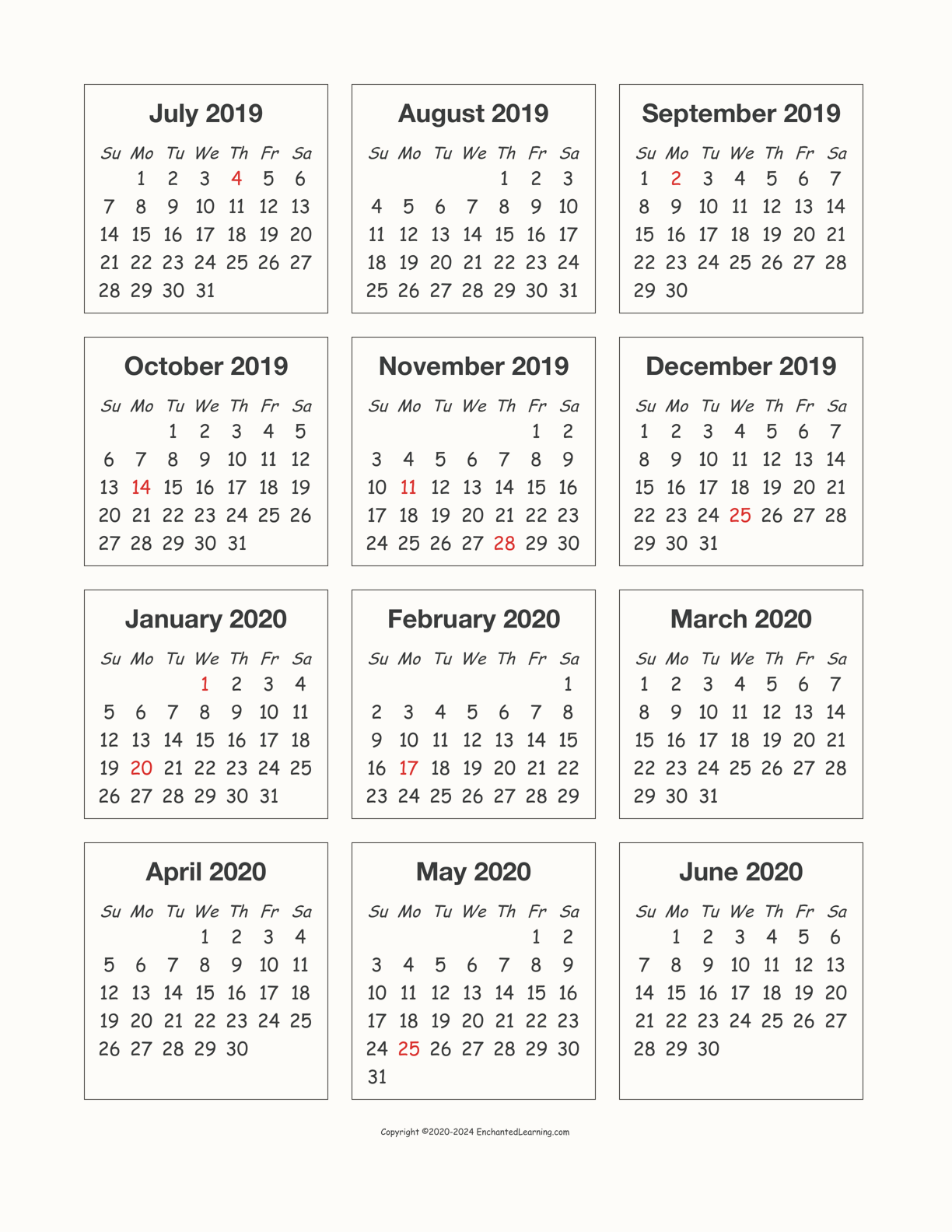 2019 2020 Calendar Printable Template On One Sheet Excel Pdf Word - Riset