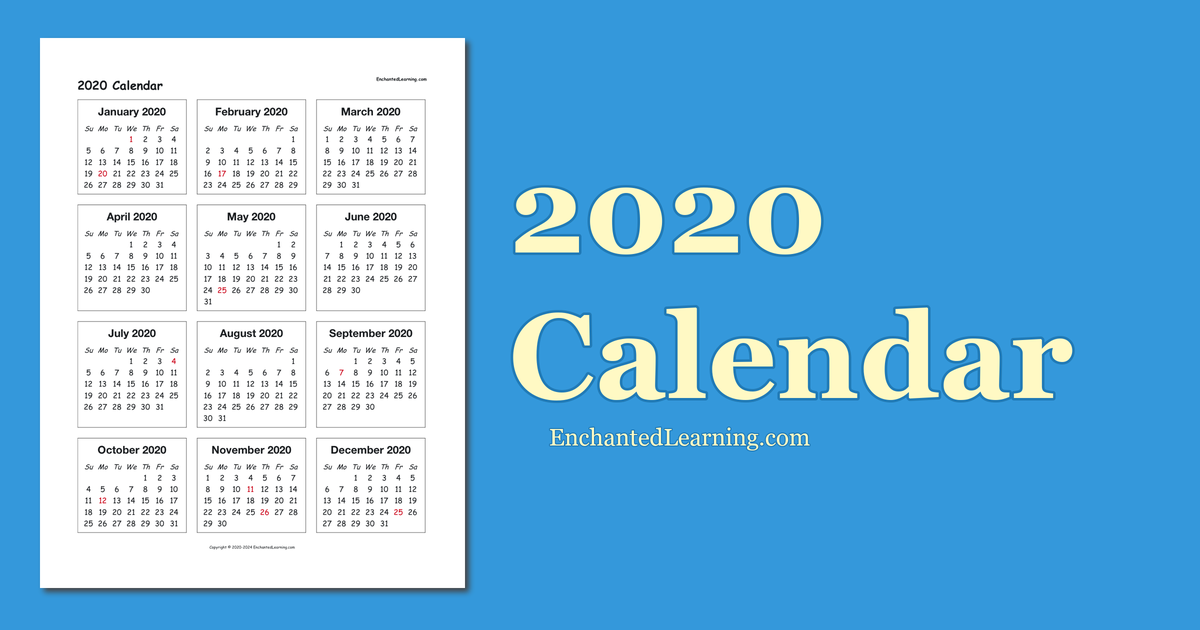 2020 One-Page Calendar - Enchanted Learning