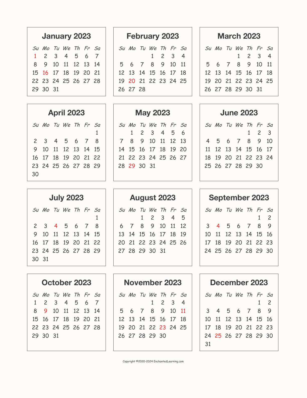 2023 OnePage Calendar Enchanted Learning