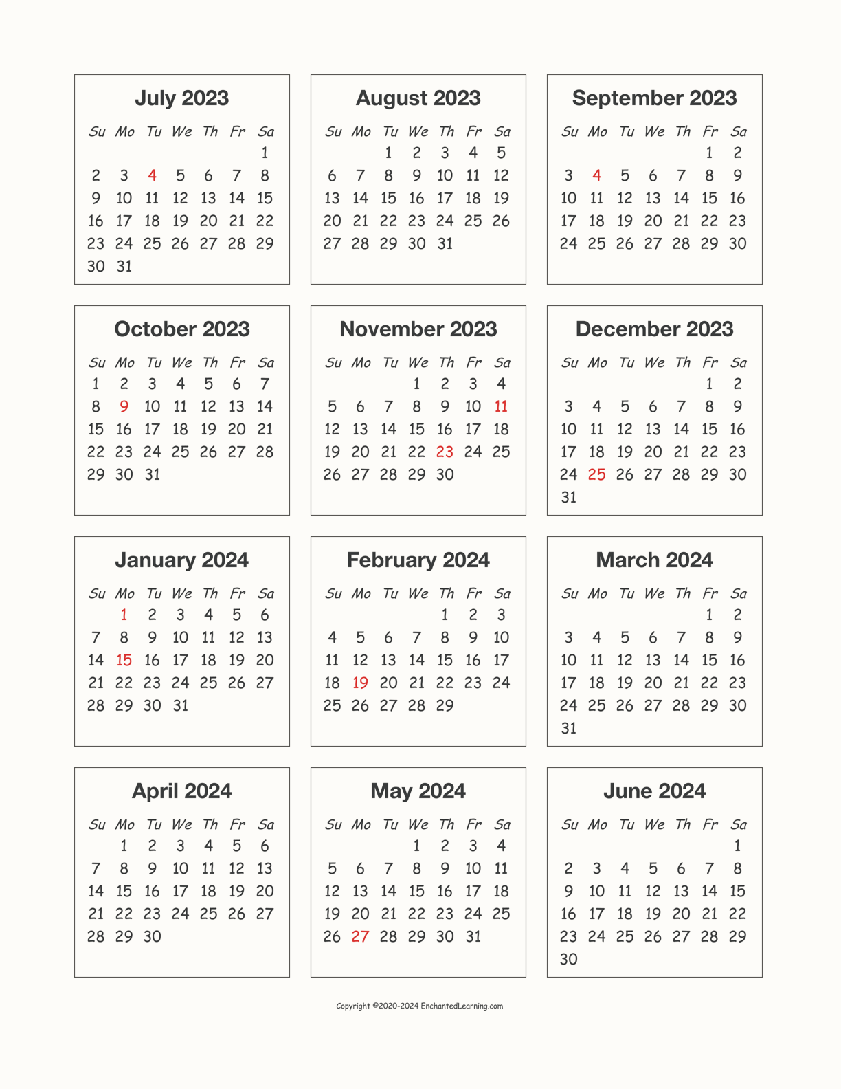 20232024 SchoolYear OnePage Calendar Enchanted Learning