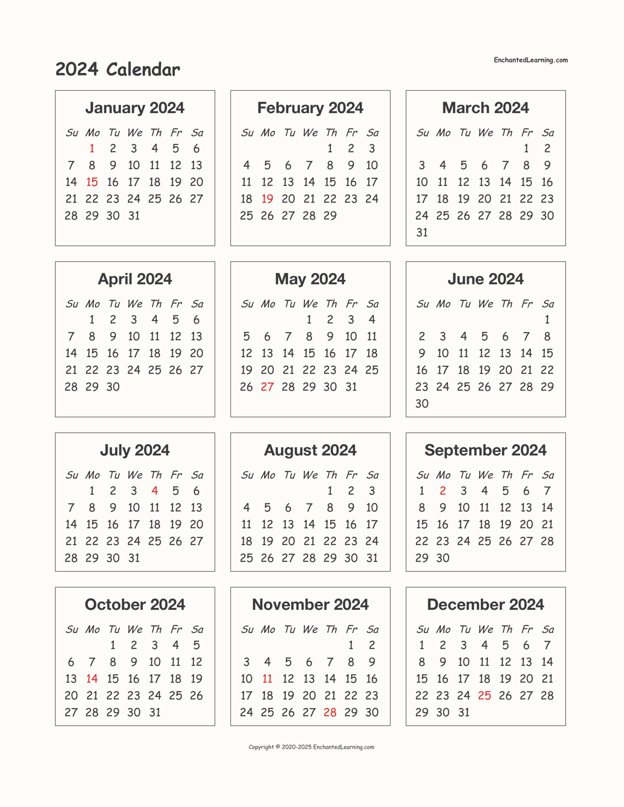 What Is A Calendar Year 2024 Calendar Of January 2024 Free Printable   2024 EnchantedLearning 0 