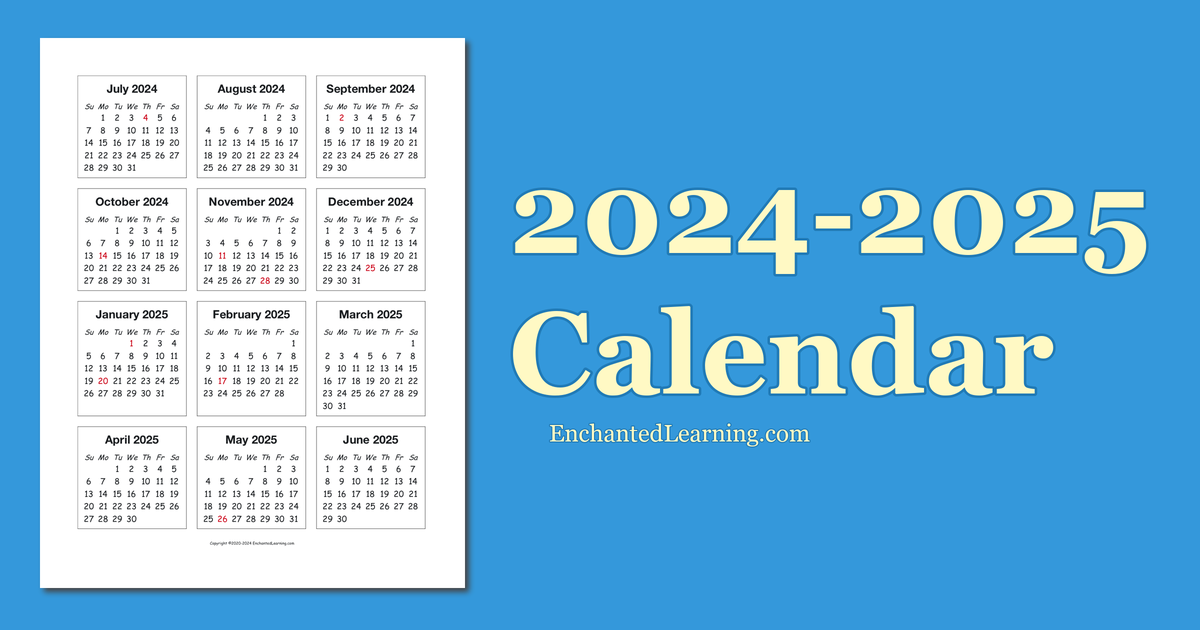 20242025 SchoolYear OnePage Calendar Enchanted Learning