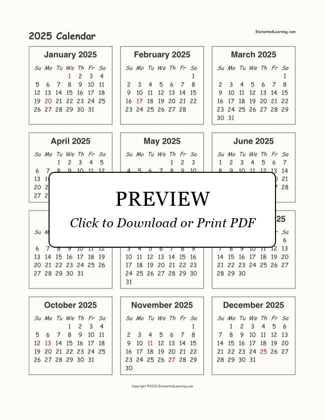 2025 Year Calendar Printable