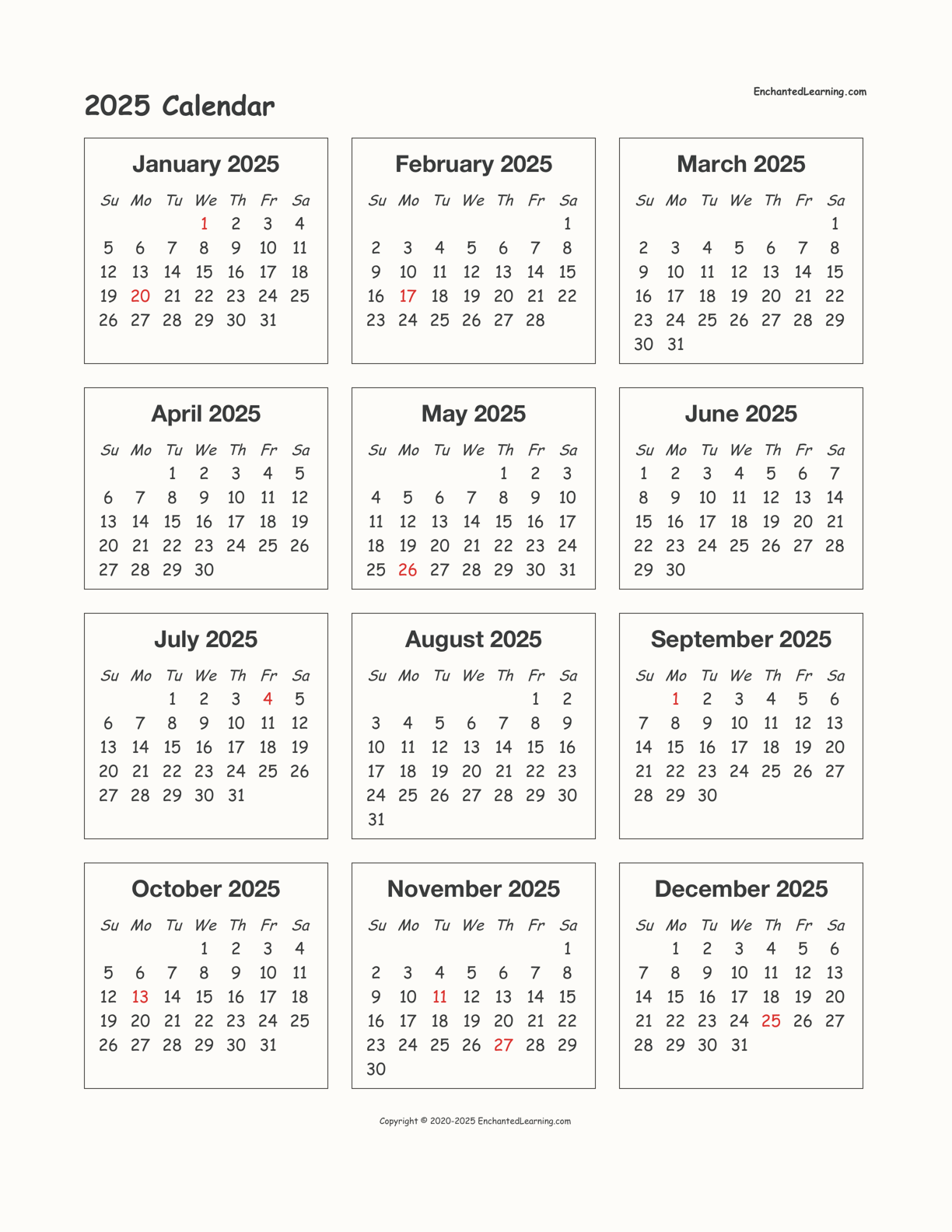 2025 Calendar With Holidays Printable