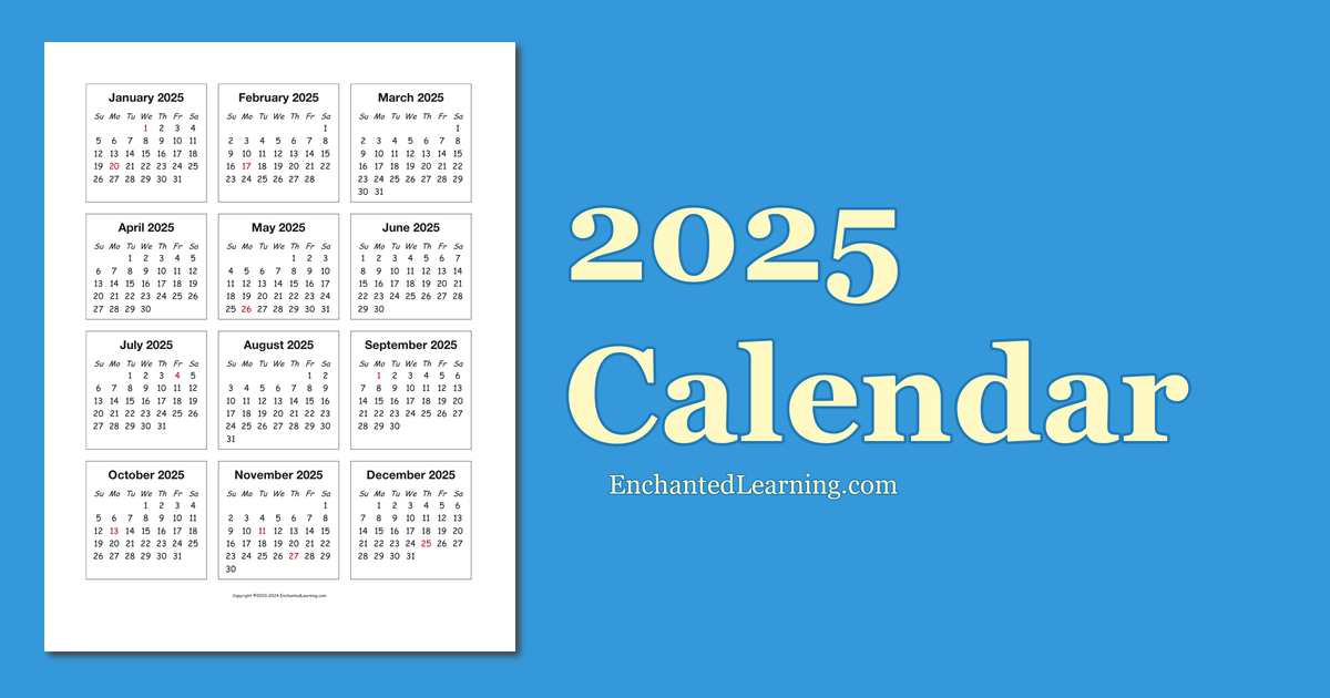 2025 OnePage Calendar Enchanted Learning