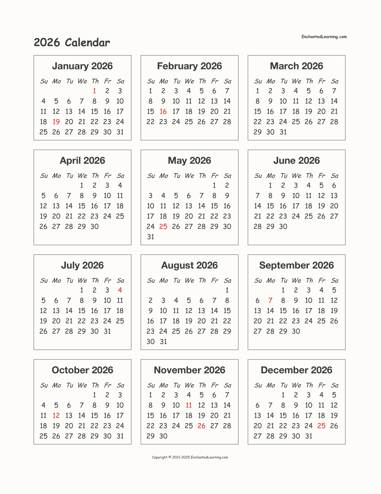 2026 OnePage Calendar Enchanted Learning