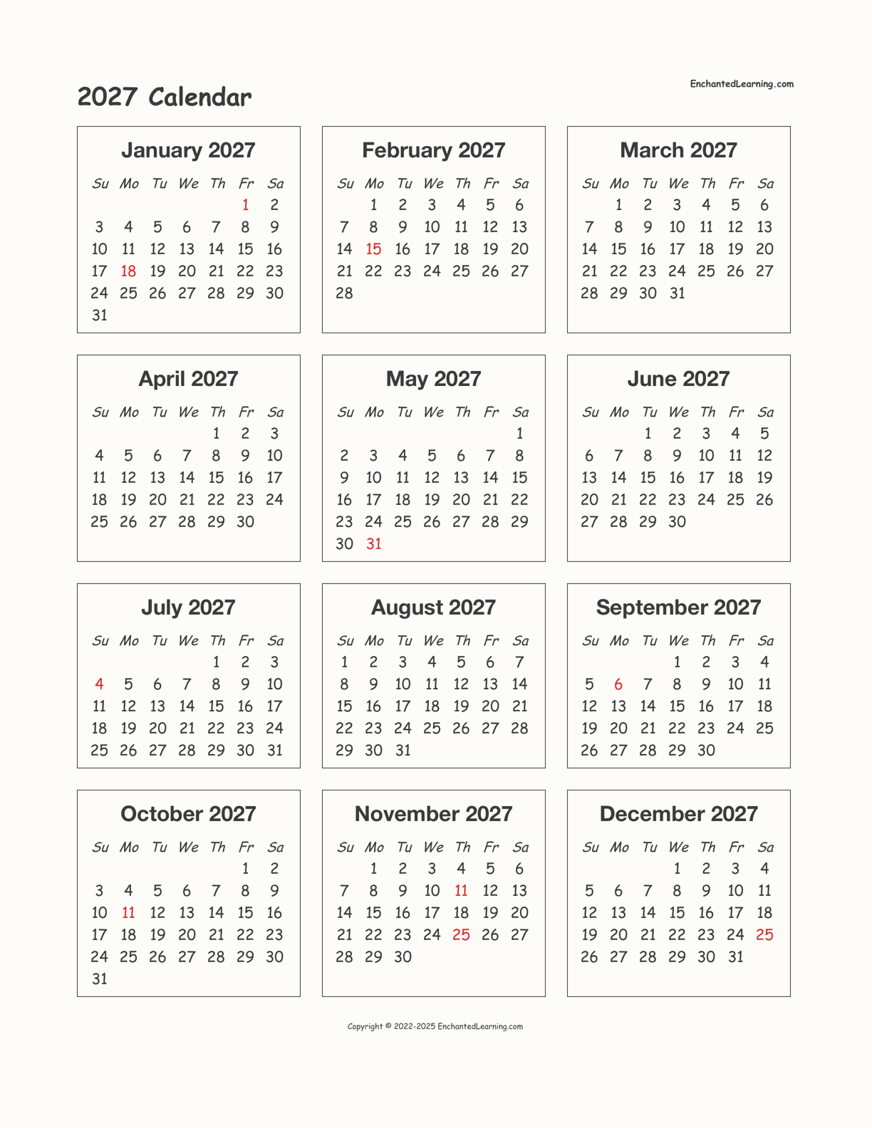 2027 Calendar interactive printout page 1