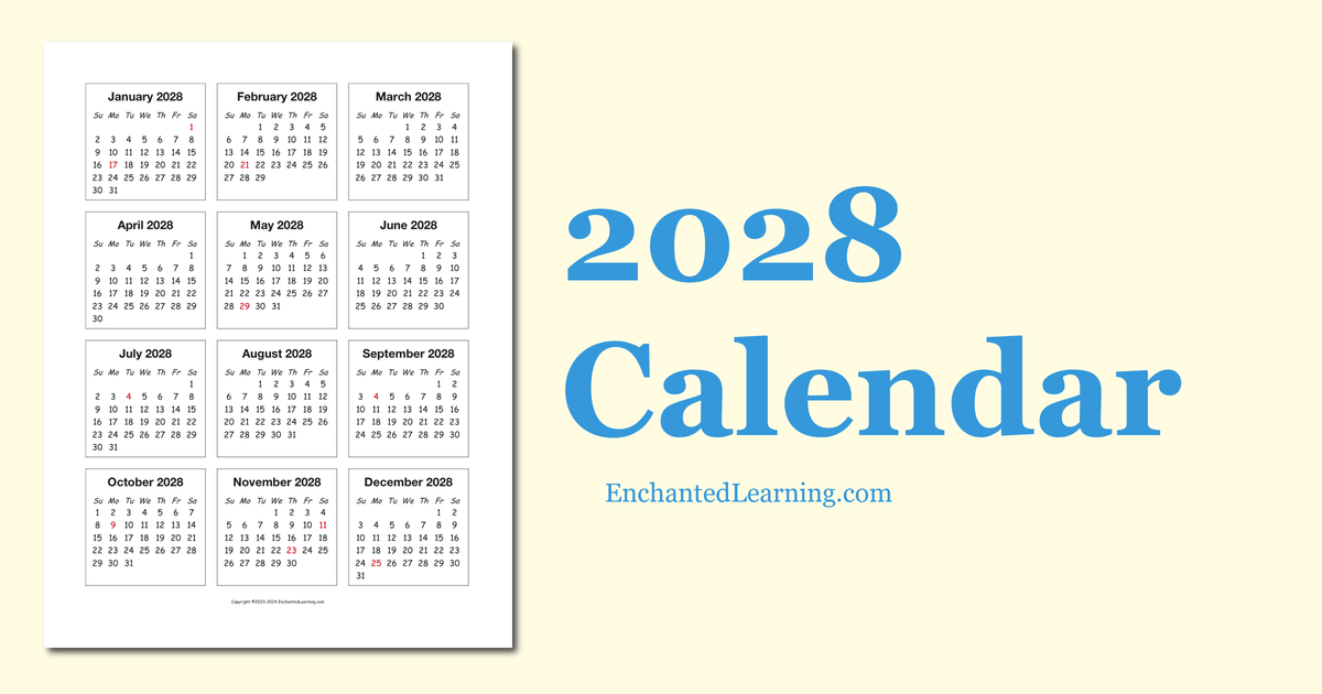 2028 One-Page Calendar - Enchanted Learning